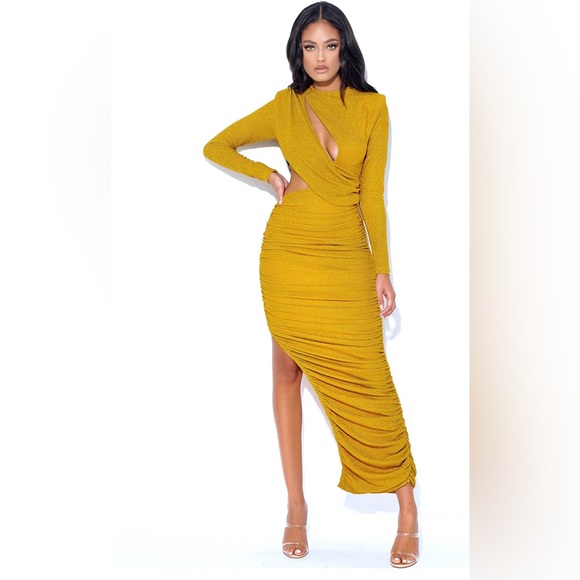 Gold Long Sleeve Metallic Jersey Cutout Dress - Picture 4 of 6